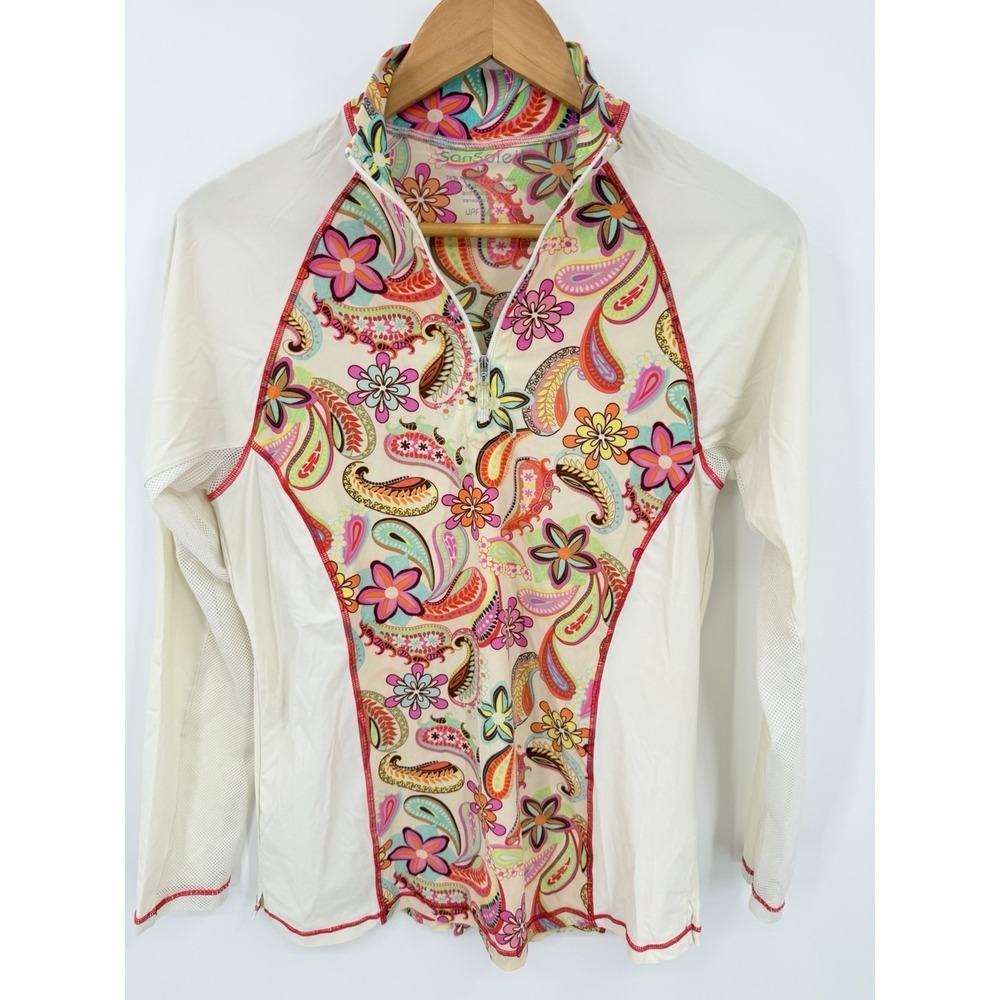 San Soleil Quarter zip Colorful Floral Paisley UPF 50+ Mesh Sleeve Sz M Beach